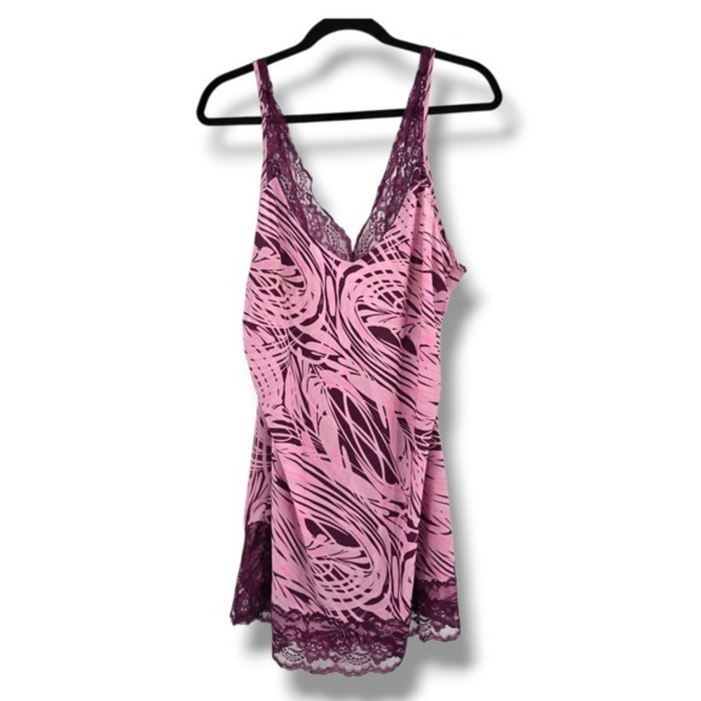 Sensara Womens XL Pink Purple‎ Abstract Lace Trim Chemise Nightgown Slip Dress